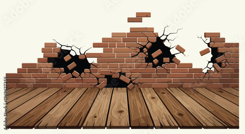 Brick wall with holes and wooden floor representing destruction and damage