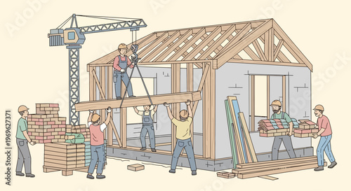 Construction workers building a house with a crane.