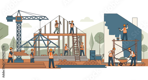 Construction workers building a house with crane and scaffolding.