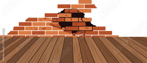 Damaged brick wall and wooden floor illustration, showing structural damage and decay