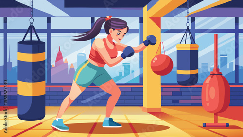 Boxing training session takes place inside a gym with punching bags in the background during the day