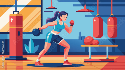 Woman boxing in a gym while practicing with a kettlebell and punching bags in the afternoon light