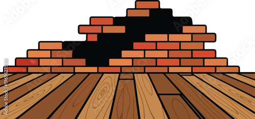 Broken brick wall revealing a dark opening with wooden planks floor in front, graphic illustration