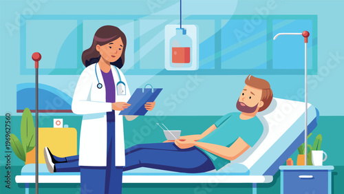 Doctor checks on patient receiving treatment in a hospital room with medical equipment and staff members present