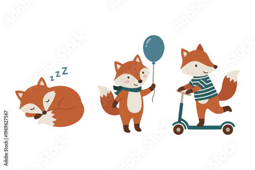 Sweet Red Fox Character Set with Balloon, on Scooter, and Sleeping Scandinavian Vector Illustration