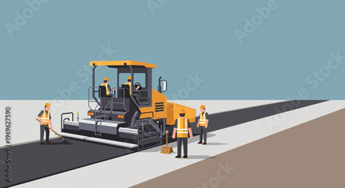 Construction workers operating asphalt paving machine on road construction site.