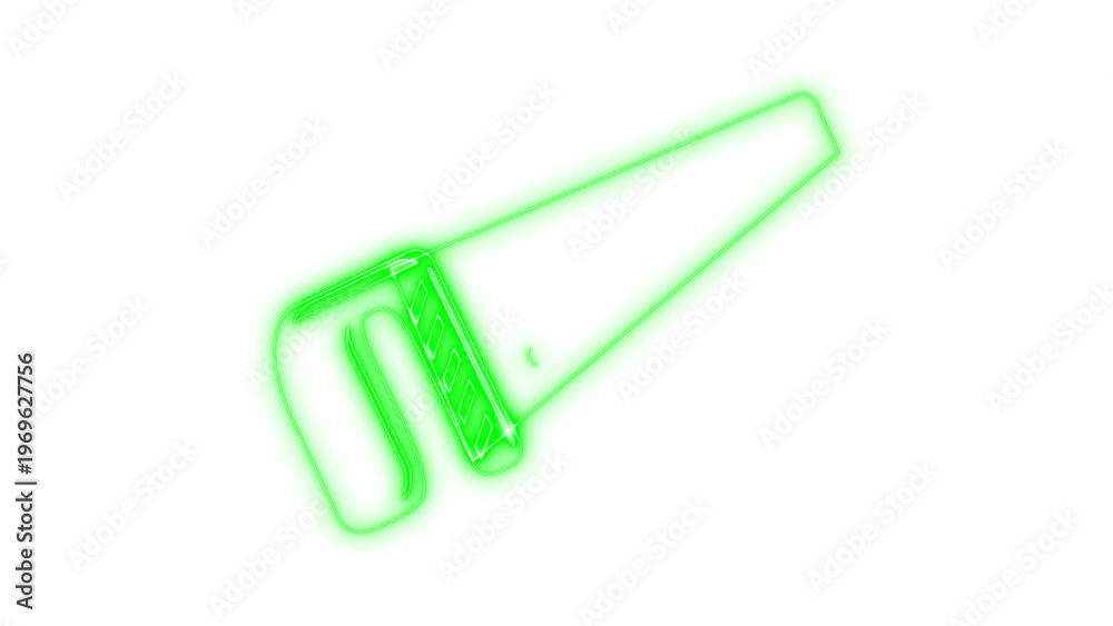 Fototapeta premium Vibrant green neon glowing saw icon, illuminated modern cutting tool symbol for construction and carpentry work, isolated on transparent background, graphic illustration element.