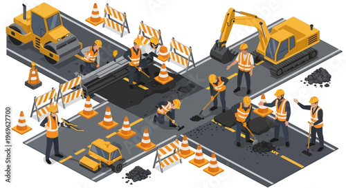 Construction workers repairing road with heavy machinery.