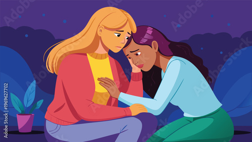 Support shared between two friends during a difficult moment in a cozy space at night with plants around