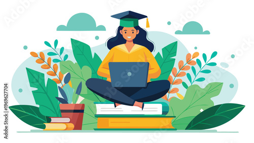 Student studies with laptop while seated on books in a garden during daytime