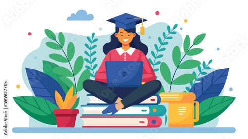 Student studies on laptop while sitting on books with plants in background during daytime