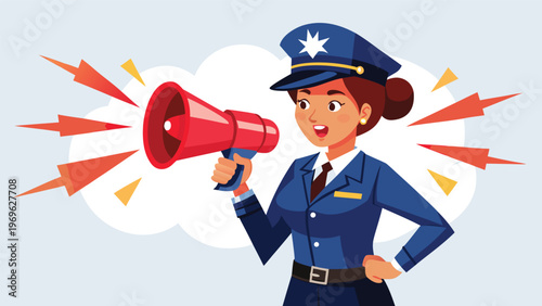 Police officer uses megaphone to communicate with crowd in a public space during daytime event