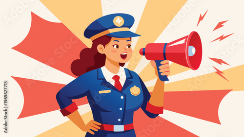 Police officer uses megaphone to communicate in a bright graphic design during a public safety event