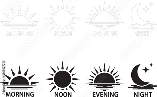 Sun and Moon Icons Representing Morning Noon Evening Night