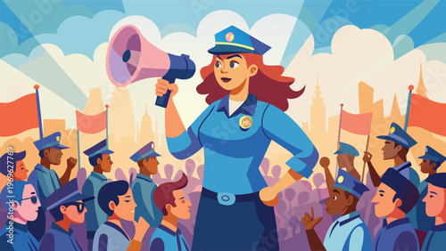 Police officer speaks to crowd with megaphone during a public event in a city at daytime