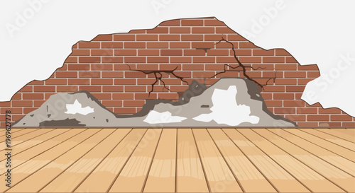 Damaged brick wall with cracked plaster revealing underlying bricks above wooden floor, illustration for repair and renovation concepts
