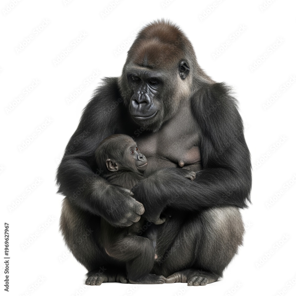Obraz premium Female Gorilla Holding Small Infant Looking Down Peacefully