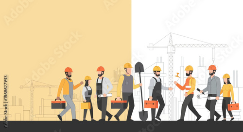 Diverse construction workers in safety gear carrying tools and equipment.
