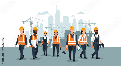 Diverse construction workers team in safety gear.