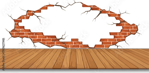 Broken wall revealing bricks and a wooden floor, graphic illustration of damage and construction