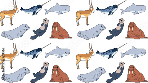 Arctic Marine Animal Seamless Pattern Narwhal Walrus Seal Wildlife Vector