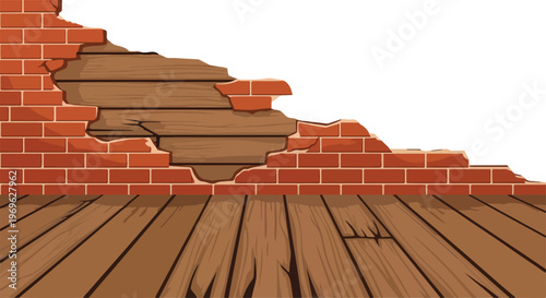 Damaged brick wall with exposed wooden planks, illustrating construction or renovation issues