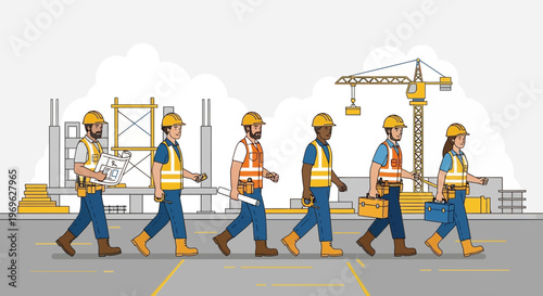 Diverse construction workers walking together on a site.