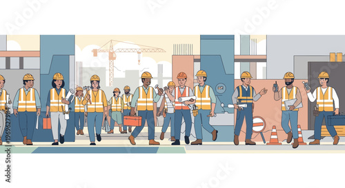 Diverse group of construction workers in safety vests and hard hats.