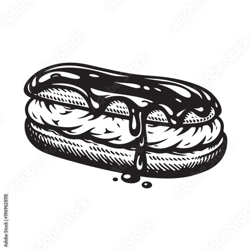 line art vector of eclair, full of cream inside and topped with a thick layer of chocolate