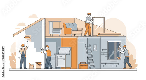 Home Renovation and Improvement Process Illustration.