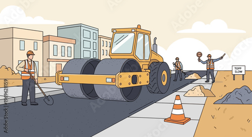 Heavy duty road roller compacting asphalt on construction site.