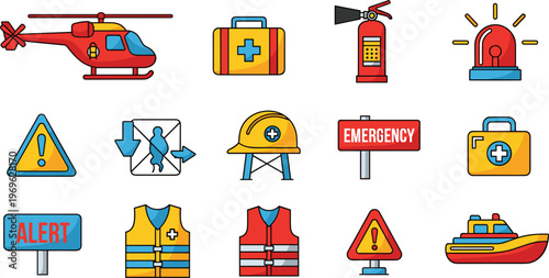 Emergency Safety Icon Set Rescue Helicopter First Aid Alert Warning Vector