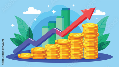 Growing trend of financial success with increasing coins and graph in a bright setting
