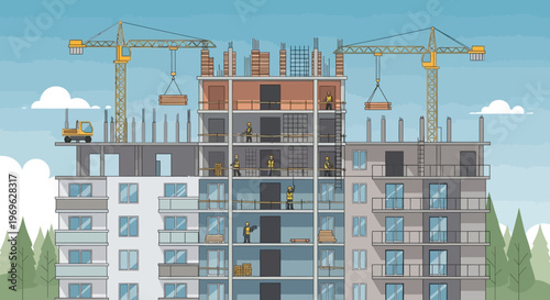 Modern Apartment Building Under Construction with Cranes.