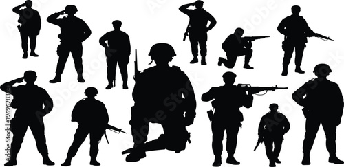 Collection of black silhouettes of soldiers in various military poses and stances on a white background