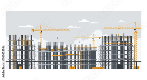 Modern Building Construction Site with Cranes and Structures.