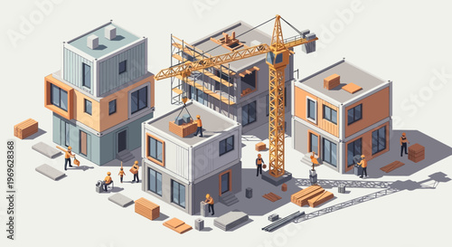 Modern Building Construction Site with Cranes and Workers.