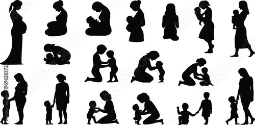 Collection of black silhouettes of mothers and children in various poses baby family