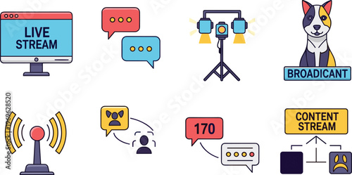 Live Streaming and Content Creator Icon Set Broadcast Media Vector Collection