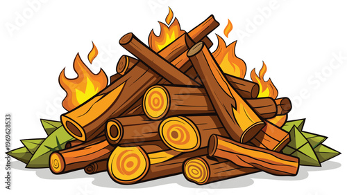 Wood burning in a campfire setting during a winter night with logs stacked and flames rising high