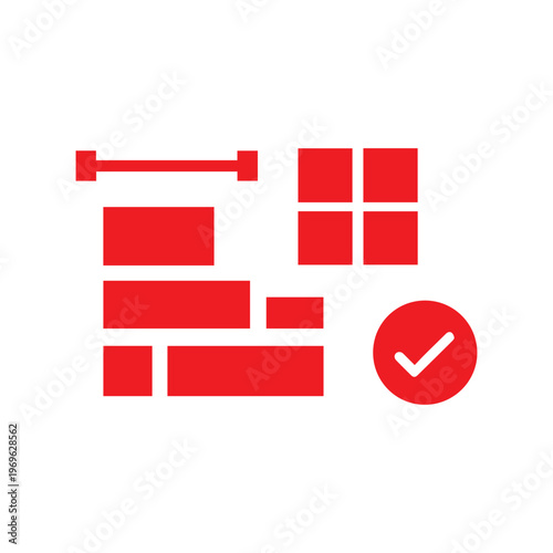 Red modular blocks forming a layout structure with a transformation icon and a checkmark.