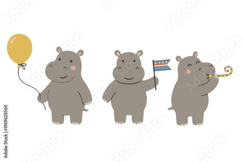Birthday Hippo Elements Set with Balloon Flag and Party Whistle Celebration