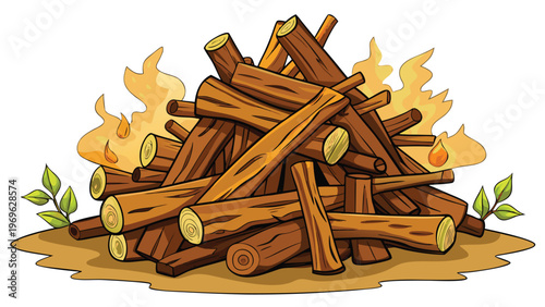 Wood pile burning with flames and green leaves around it in a forest setting during the day