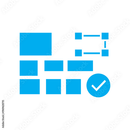 Light blue abstract blocks representing a website layout with a resize tool and a checkmark.