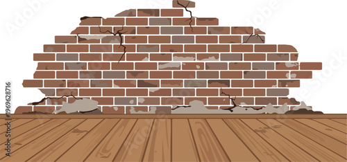 Damaged brick wall with cracked and crumbling mortar over wooden floor, representing structural issues or wear and tear