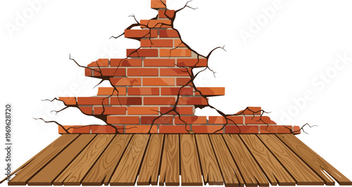 Damaged brick wall with cracked plaster revealing underlying bricks and wooden planks below