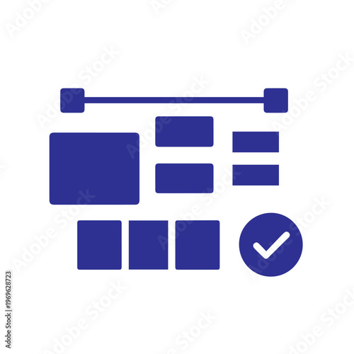 Dark blue grid interface showing different sized blocks and a circular checkmark confirming approval.