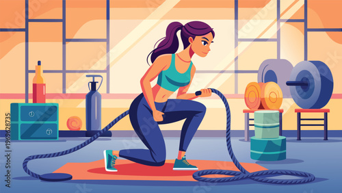 Woman exercises with battle ropes in gym during evening fitness session