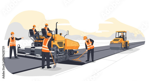 Road Construction Workers Operating Heavy Machinery.
