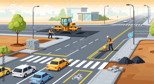 Road Construction Workers Repairing Asphalt Surface.